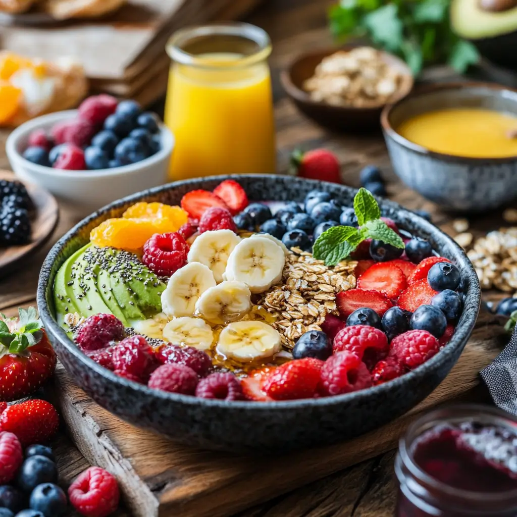 A vibrant breakfast table filled with healthy breakfast ideas, including smoothie bowls, avocado toast, overnight oats, whole-grain pancakes, and fresh fruits.