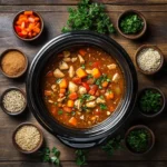 Healthy crockpot meals with chicken, vegetables, and quinoa in a modern slow cooker on a rustic wooden table.