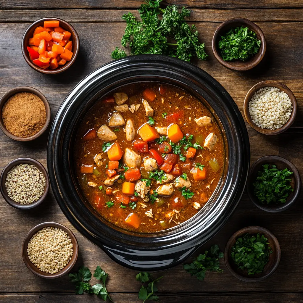 Healthy crockpot meals with chicken, vegetables, and quinoa in a modern slow cooker on a rustic wooden table.