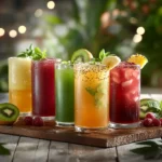 Five healthy juices to drink at night for better sleep, including tart cherry juice, banana smoothie, kiwi juice, pineapple juice, and chamomile tea, served on a rustic wooden table with fresh garnishes.