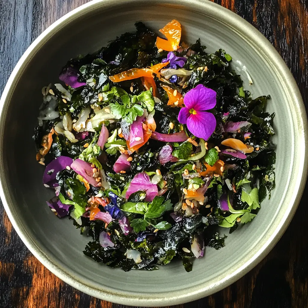 Homemade seaweed salad with sesame seeds, cucumbers, and carrots in a rustic bowl, styled with a vintage photo effect.