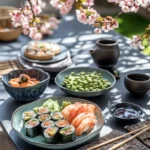 Traditional Japanese table set with healthy Japanese recipes including miso soup, vegetable sushi rolls, soba noodle salad, and edamame.