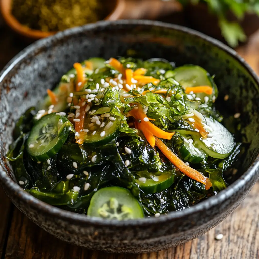 Delicious, fresh seaweed salad served in a ceramic bowl, topped with sesame seeds, captured with an old-camera nostalgic feel.