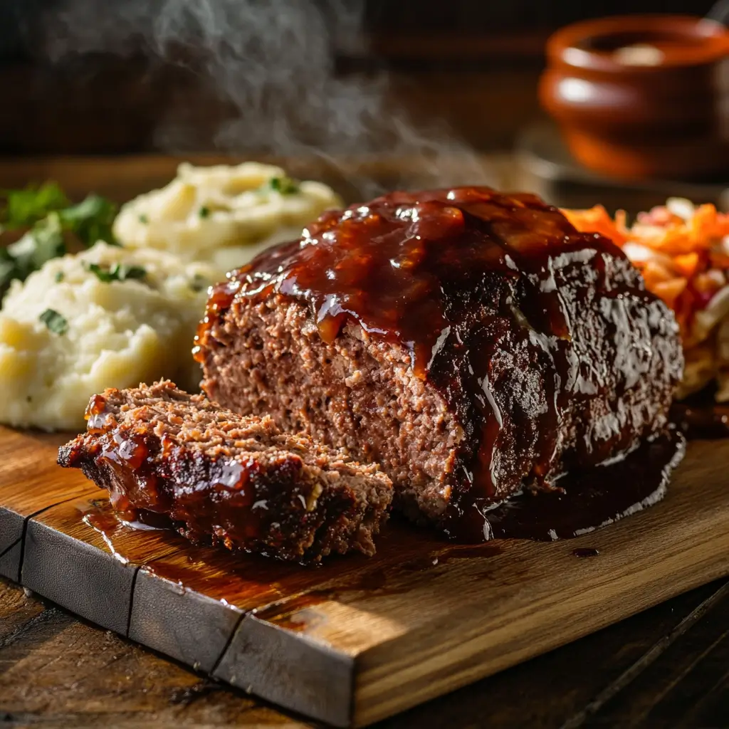 Juicy smoked meatloaf sliced on a wooden cutting board with a caramelized glaze, served with mashed potatoes and coleslaw