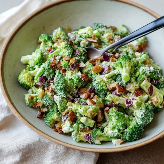 Delicious homemade broccoli crunch salad with a creamy dressing, topped with bacon, nuts, and red onions in a rustic bowl.