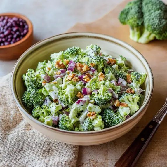 Fresh and creamy broccoli crunch salad with crispy bacon, chopped red onion, and crunchy almonds in a light dressing