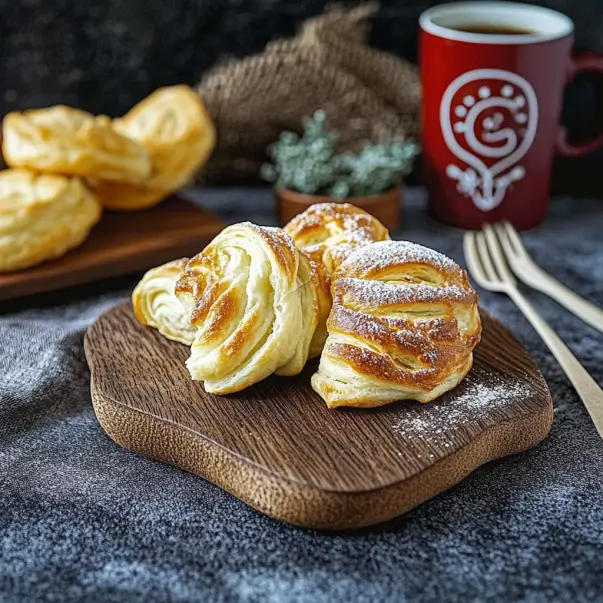 Homemade Gipfeli pastries served on a rustic wooden plate with a cup of coffee, creating a cozy Swiss breakfast scene.