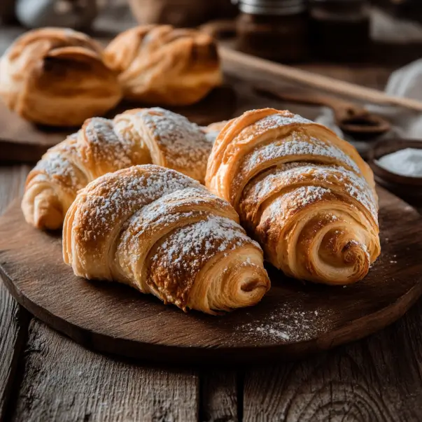 Freshly baked Swiss Gipfeli dusted with powdered sugar on a wooden serving board, showcasing the perfect flaky layers.