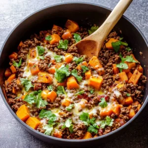 Ground beef sweet potato skillet in a cast-iron pan, garnished with fresh herbs—easy, one-pan dinner recipe ready in 30 minutes