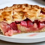 Close-up of a slice of apple rhubarb pie showing juicy fruit filling and buttery crust, topped with melting vanilla ice cream.