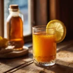 Warm 3-ingredient Mounjaro drink with lemon slice and cinnamon in a clear glass on a rustic table, captured in natural light