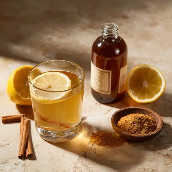 Flat lay of apple cider vinegar, fresh lemon, and ground cinnamon for 3-Ingredient Mounjaro Recipe