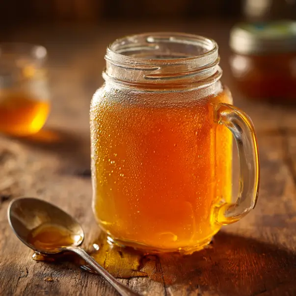 3-Ingredient Mounjaro Recipe Golden apple cider vinegar, honey, and warm water drink in a mason jar with visible condensation and a honey dipper nearby