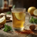 Homemade Mounjaro drink with lemon, ginger, and honey in a clear glass mug on rustic table