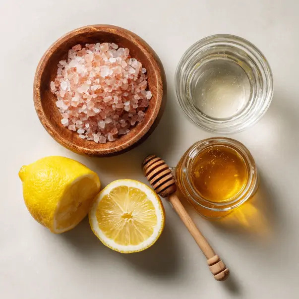 Ingredients for pink salt trick recipe: Himalayan pink salt, lemon, honey, and water