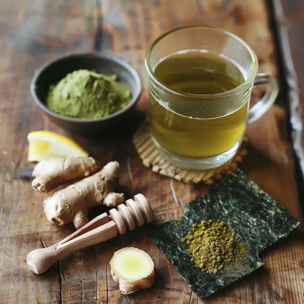Japanese Mounjaro recipe ingredients with brewed tea: matcha powder, fresh ginger, lemon, honey, and dried kombu on a wooden table.