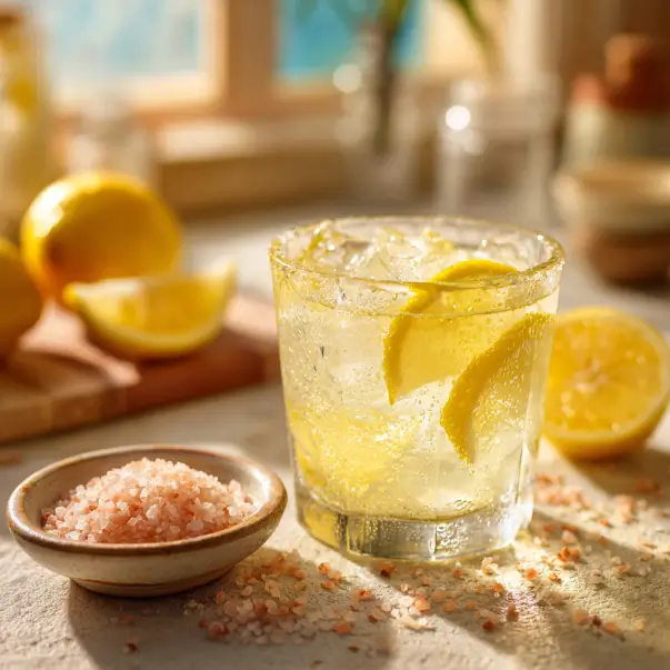 Natural Mounjaro recipe in a clear glass with lemon, ginger, and honey on a rustic countertop, photographed in natural light