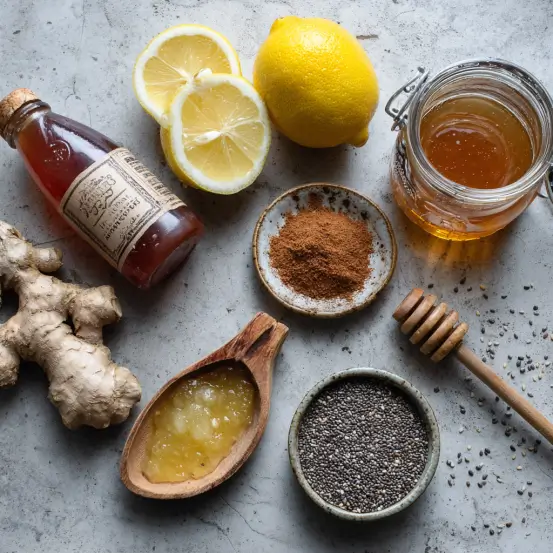 Top-down flat lay of natural Zepbound drink ingredients: lemon, ginger, cinnamon, apple cider vinegar, honey, and chia seeds