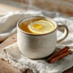 Warm natural Zepbound drink in a ceramic mug with lemon, cinnamon, and ginger on a rustic wooden table