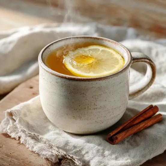 Warm natural Zepbound drink in a ceramic mug with lemon, cinnamon, and ginger on a rustic wooden table
