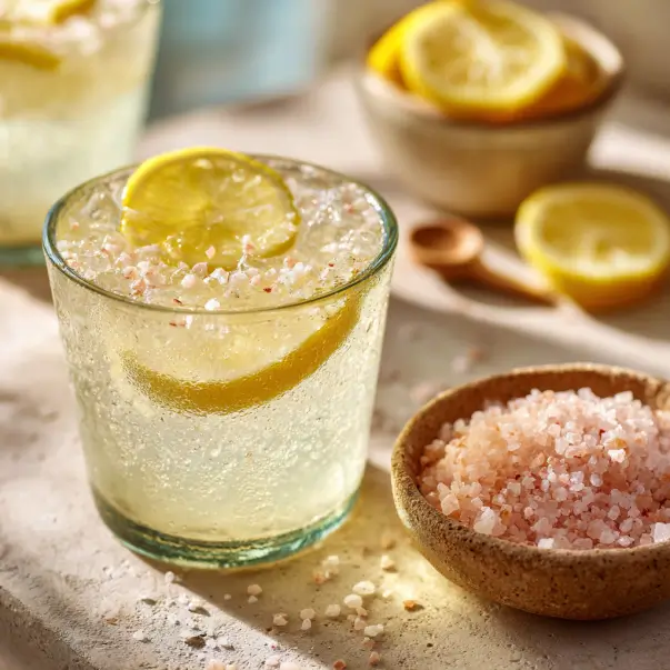 Pink-Salt-Mounjaro-Recipe Refreshing citrus drink with lemon slices and pink Himalayan salt on the rim, close-up on a rustic kitchen surface