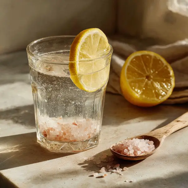 Pink Salt trick recipe for weight loss with Himalayan salt and lemon in a glass.from the famous pink salt mounjaro recipe