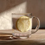 Glass of warm water with Himalayan pink salt and lemon slice – pink salt trick for weight loss morning drink.