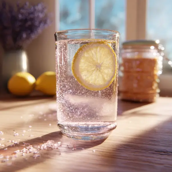 Pink salt trick recipe drink in a glass with dissolved Himalayan salt and lemon