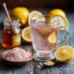 Pink salt trick for weight loss drink with ingredients on a wooden table – Himalayan salt, lemon, honey, and apple cider vinegar.