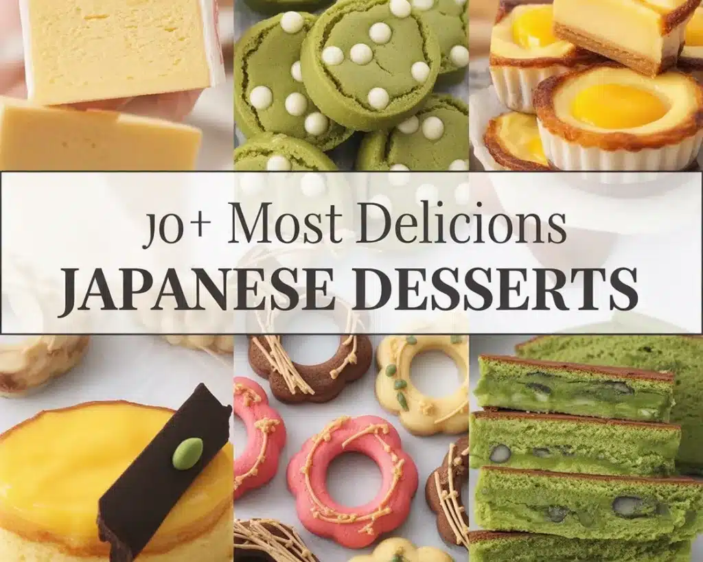 Various delicious Japanese desserts including cheesecake, matcha treats, and mochi.