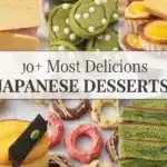 Various delicious Japanese desserts including cheesecake, matcha treats, and mochi.