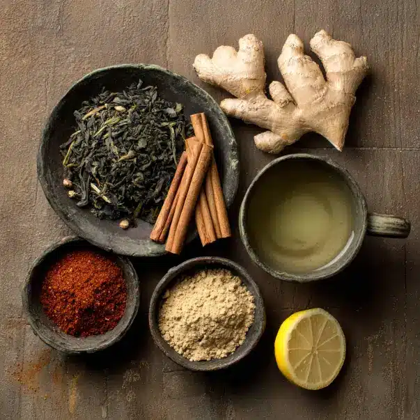 Flat lay of Burnjaro ingredients: green tea, cinnamon sticks, cayenne, ginger, lemon, and konjac powder