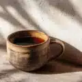 Ceramic mug filled with warm Burnjaro drink on a wooden table, no steam, minimal aesthetic
