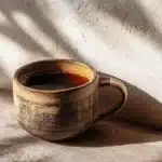 Ceramic mug filled with warm Burnjaro drink on a wooden table, no steam, minimal aesthetic