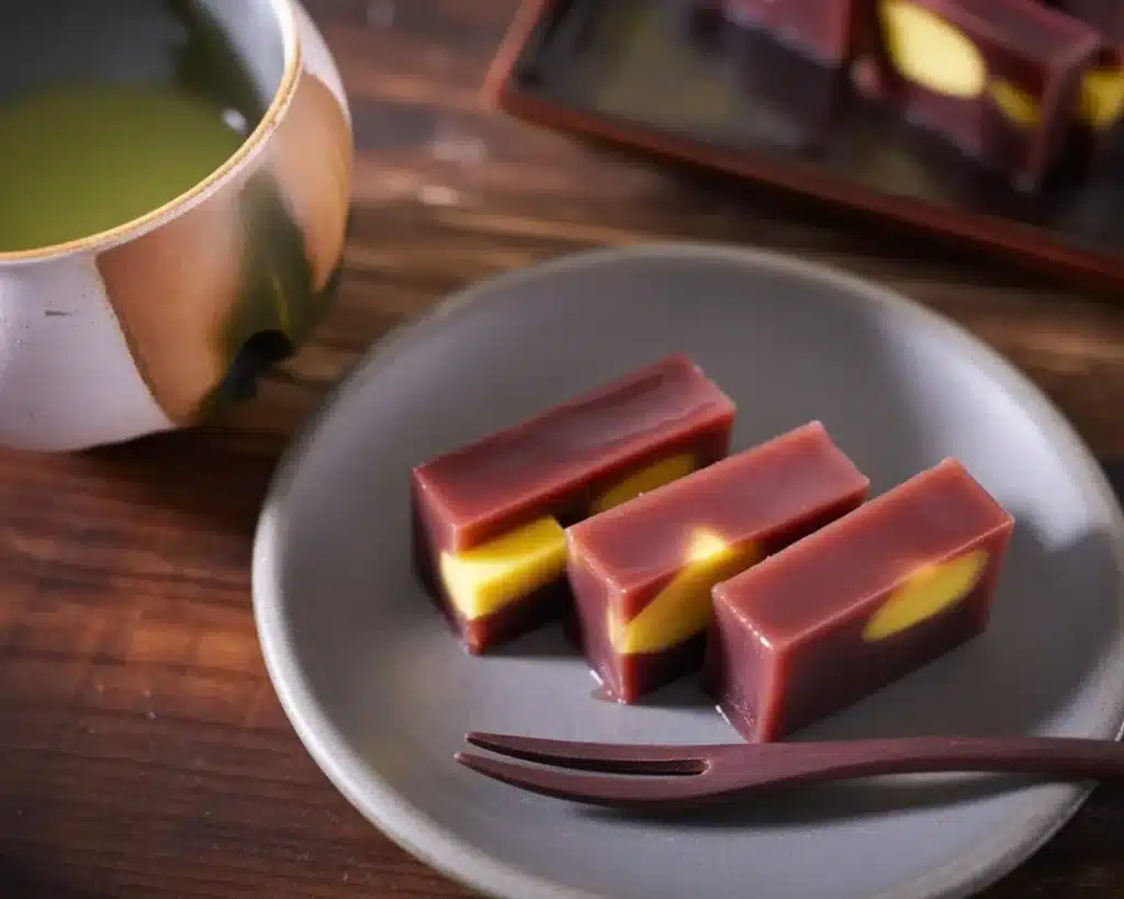 Traditional Japanese Yokan jelly dessert made of red bean paste and agar.