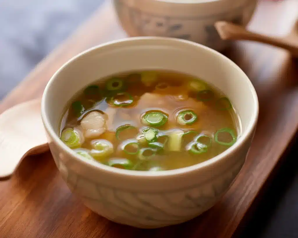 Delicious bowl of homemade miso soup with tofu, green onions, and fresh greens.