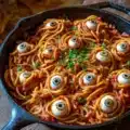 Bloody Spaghetti with Mozzarella Eyeballs served on a spooky-themed plate
