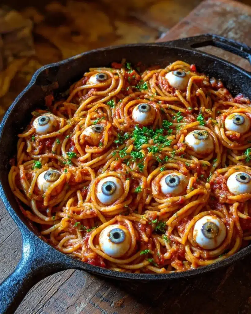 Bloody Spaghetti with Mozzarella Eyeballs served on a spooky-themed plate
