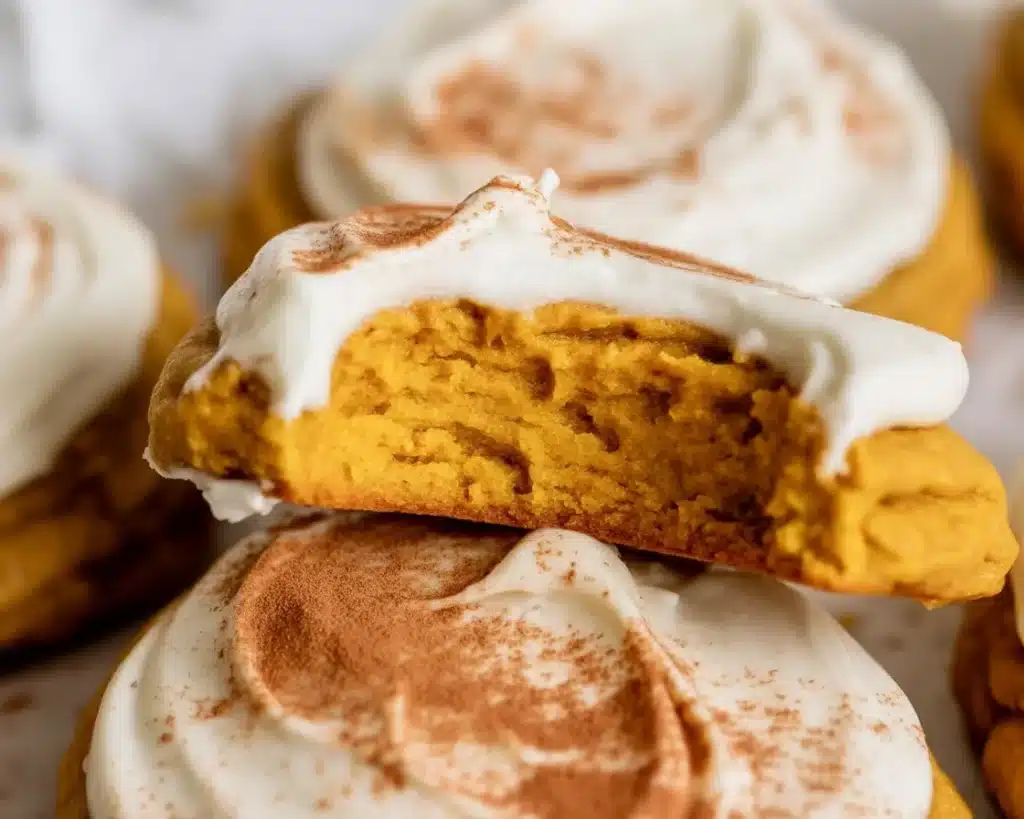 Soft Pumpkin Sugar Cookies topped with Cream Cheese Frosting, perfect fall treat.