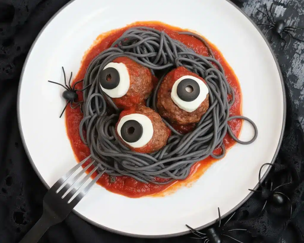 Plate of Bloody Spaghetti with Mozzarella Eyeballs, served for Halloween dinner.