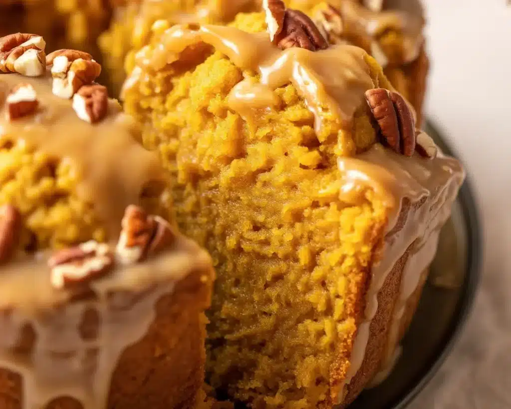 Moist and tender Sweet Potato Pound Cake topped with creamy praline glaze.