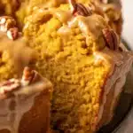 Moist and tender Sweet Potato Pound Cake topped with creamy praline glaze.