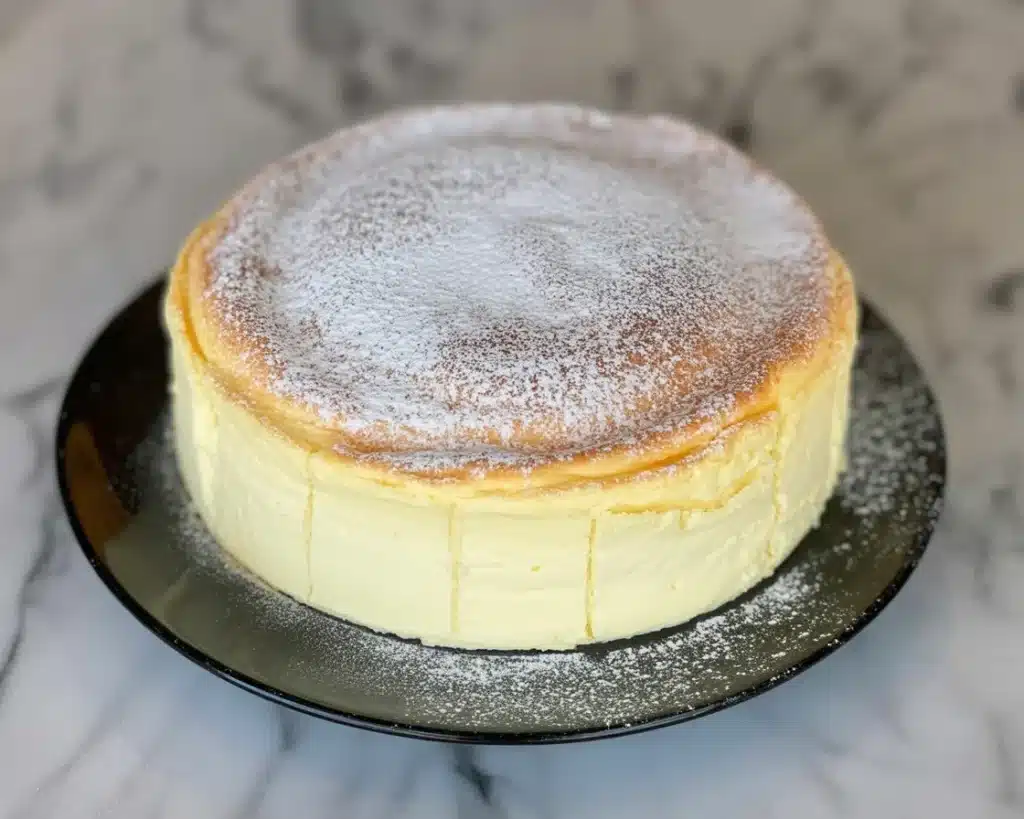 Fluffy Japanese Cheesecake with a jiggly top and dusting of powdered sugar.