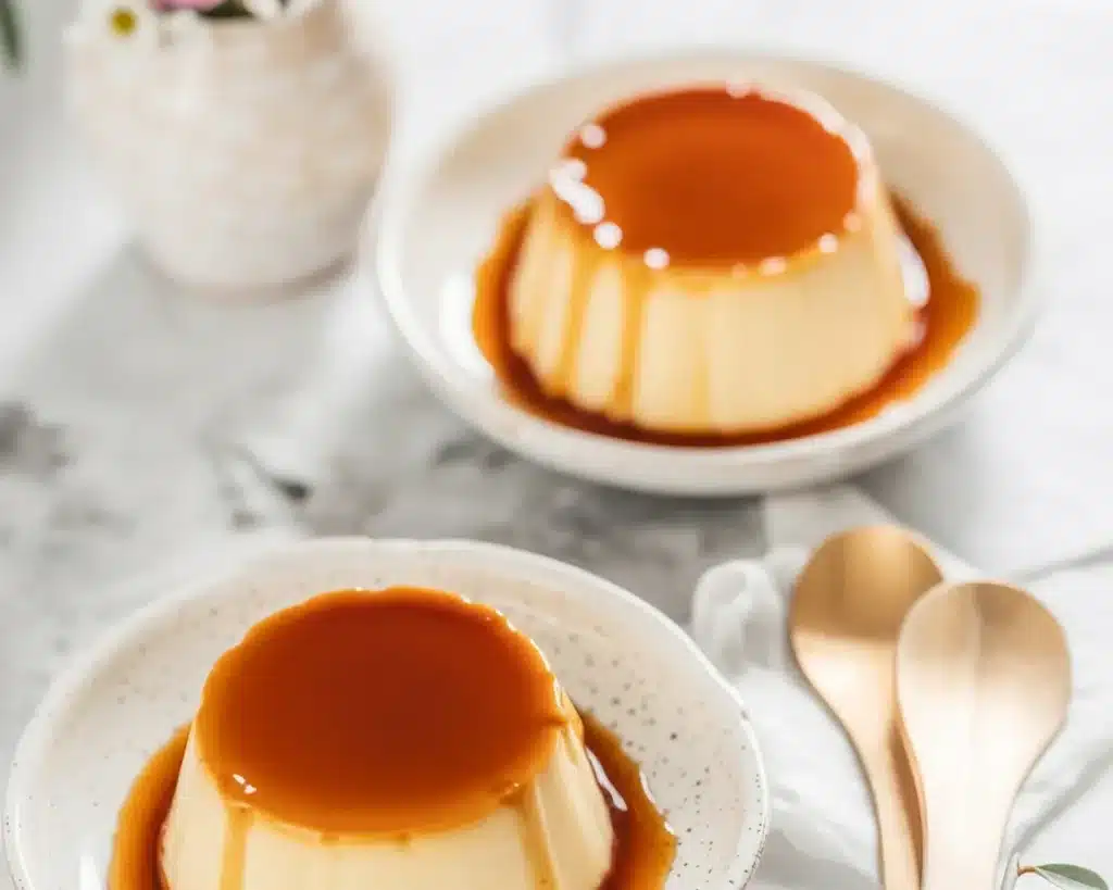 Delicious Japanese Purin pudding served with a glossy caramel sauce.