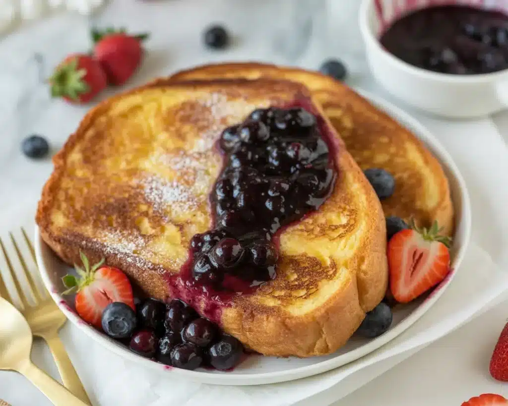Delicious Sourdough French Toast with a golden, lacy exterior served on a plate.