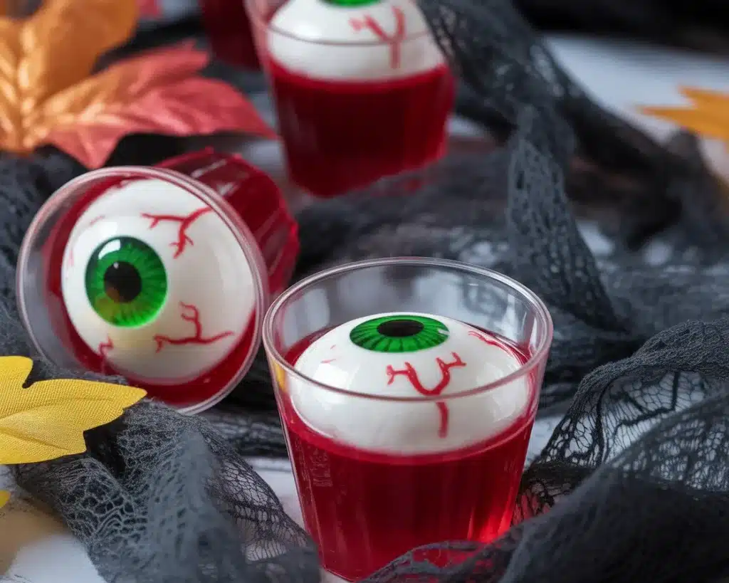 Spooky Halloween Eyeball Jello Shots with gummy eyeballs and vibrant colors.