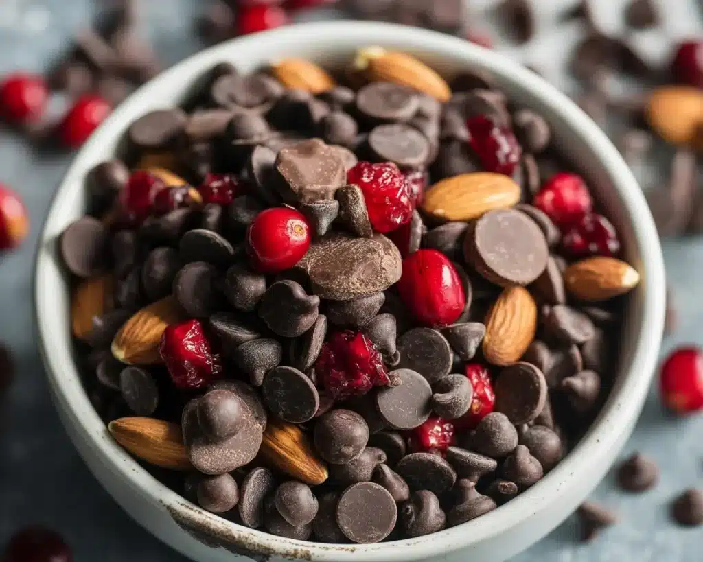 A spooky and sweet Vampire Bite Trail Mix with chocolate, pretzels, and candy corn.