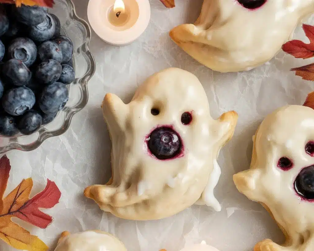 Vegan Blueberry Ghost Hand Pies with blueberry filling and lemon glaze, perfect for Halloween.