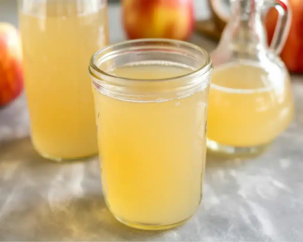 Homemade apple cider vinegar recipe with apples, sugar, and water in a jar.