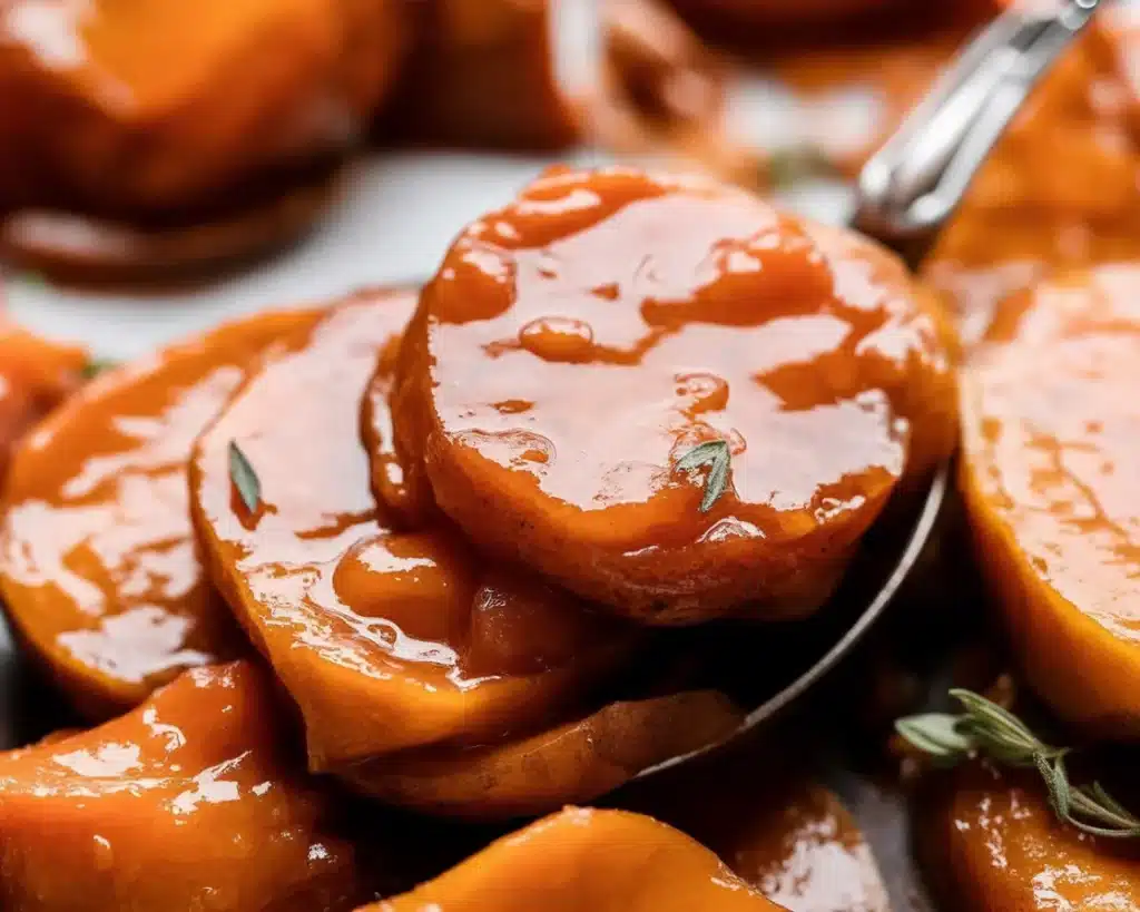 Delicious candied sweet potatoes, caramelized in a buttery glaze, perfect for Thanksgiving.